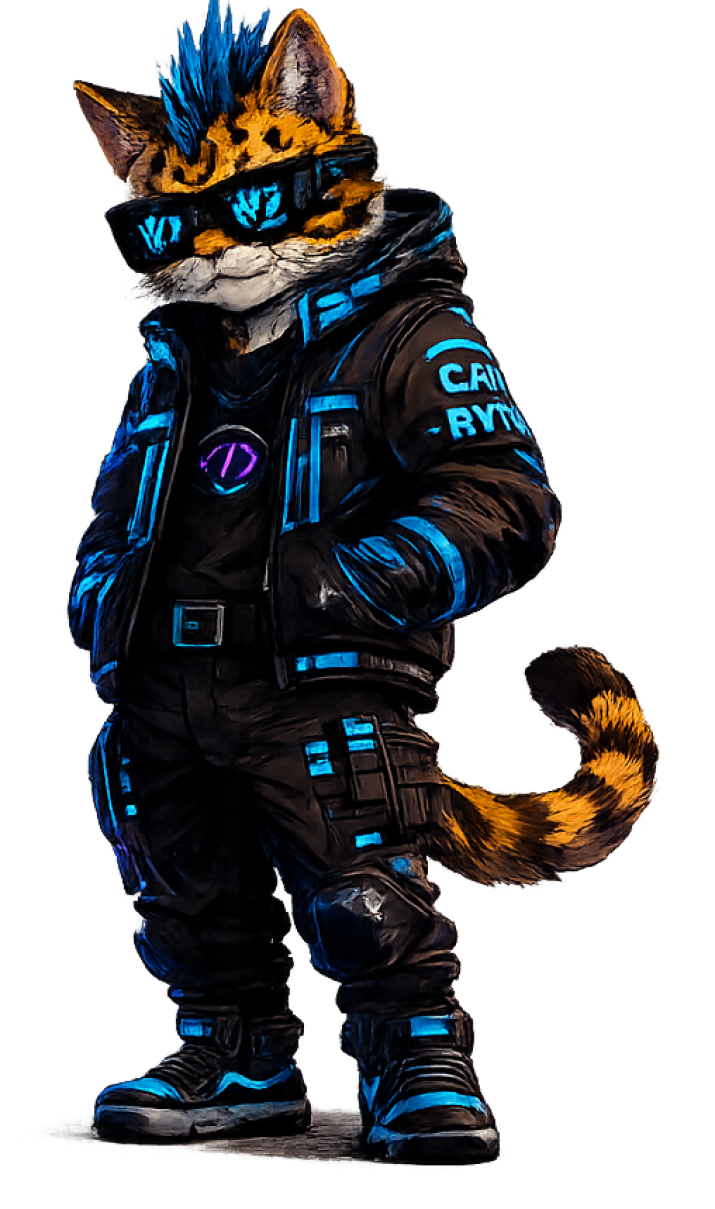 CATBYTE in a neon cyberpunk scene