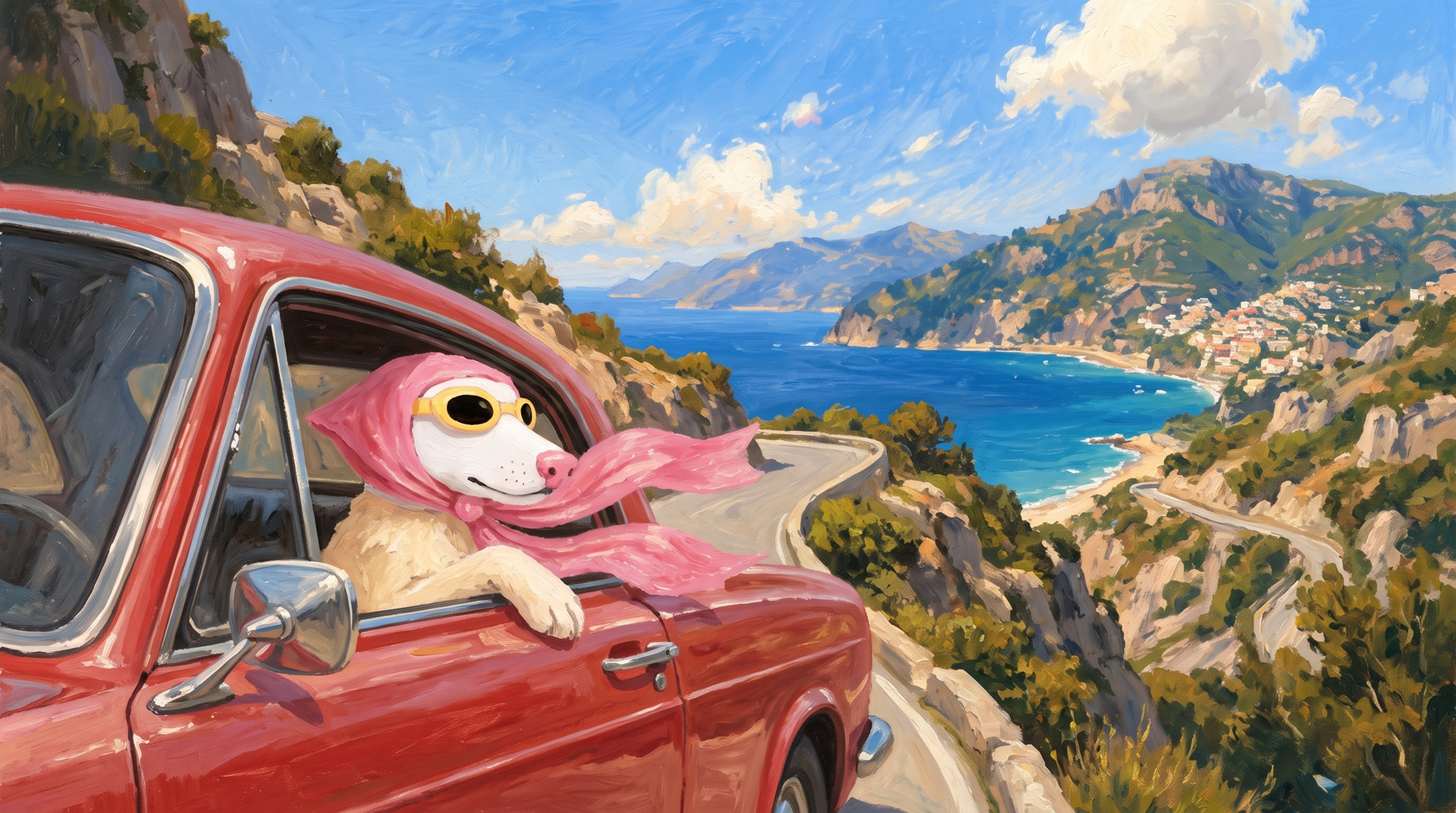 LULU riding in a red vintage car along a winding Mediterranean coast