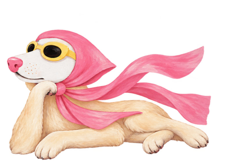 LULU reclining contentedly in her yellow sunglasses and pink scarf