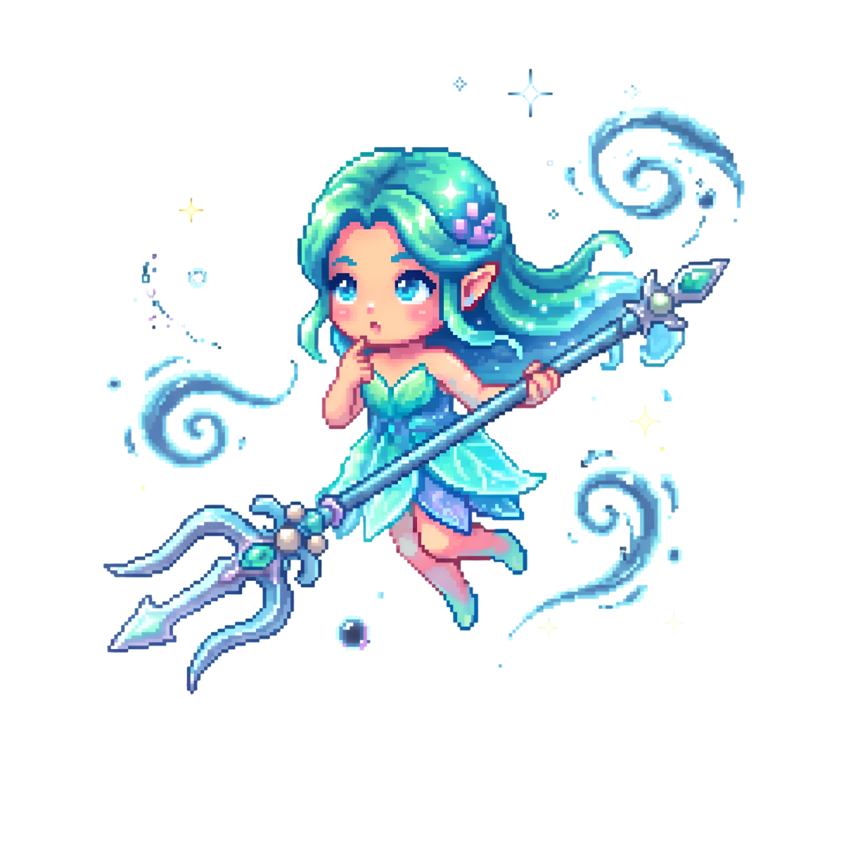 Pixel-art UNDINE holding a tidal crystal trident