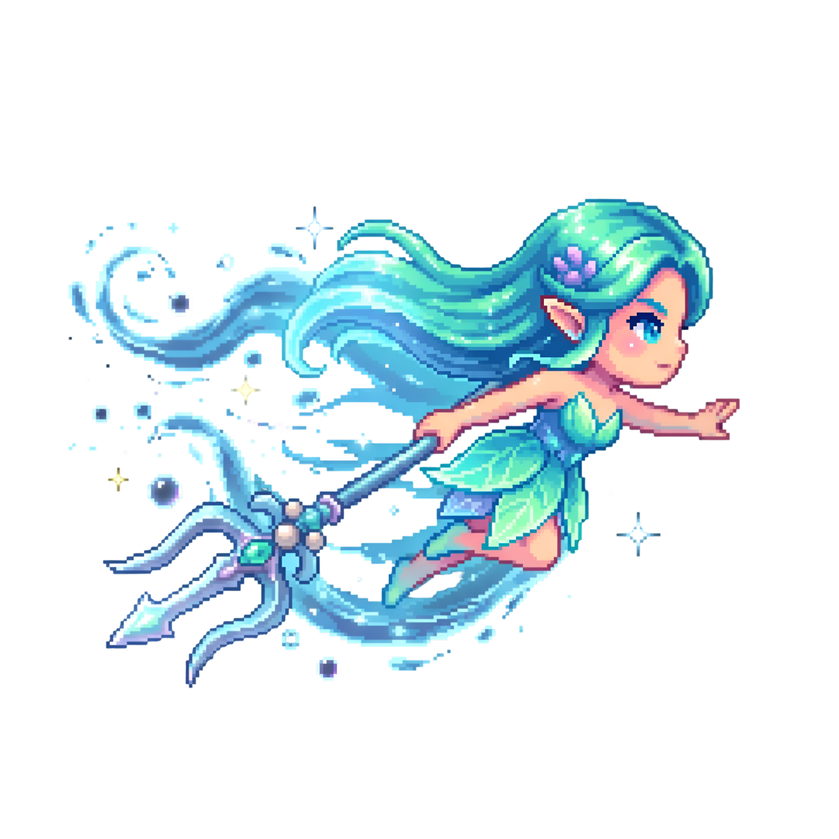 Pixel-art UNDINE swimming through the deep