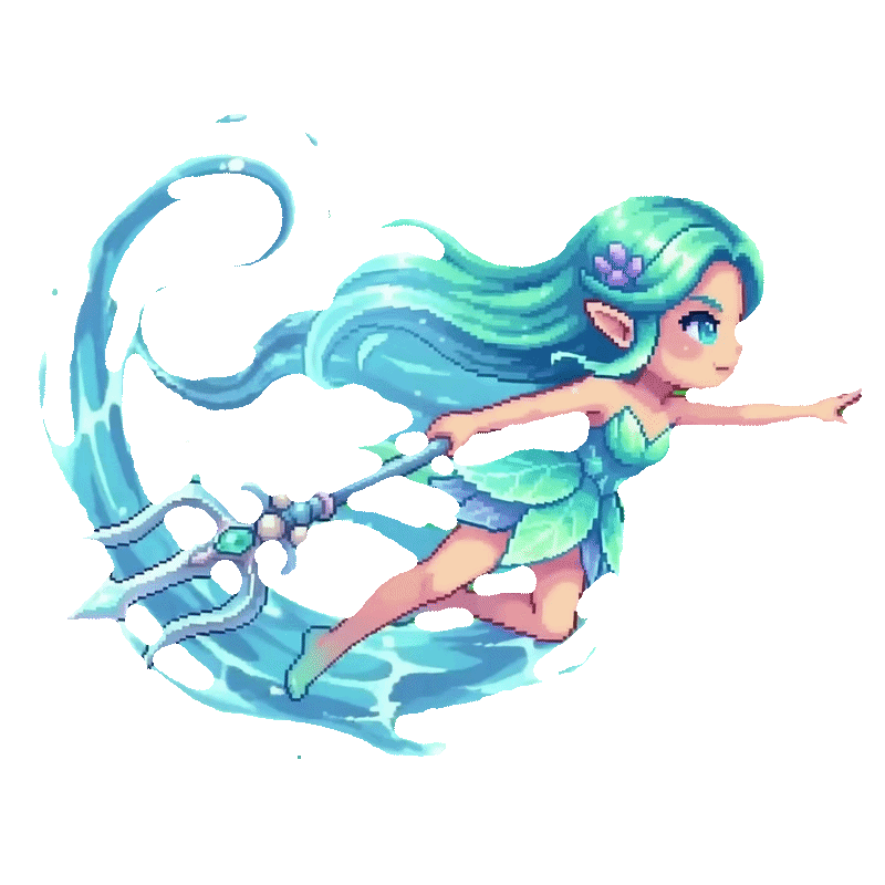 Pixel-art UNDINE floating in a luminous current